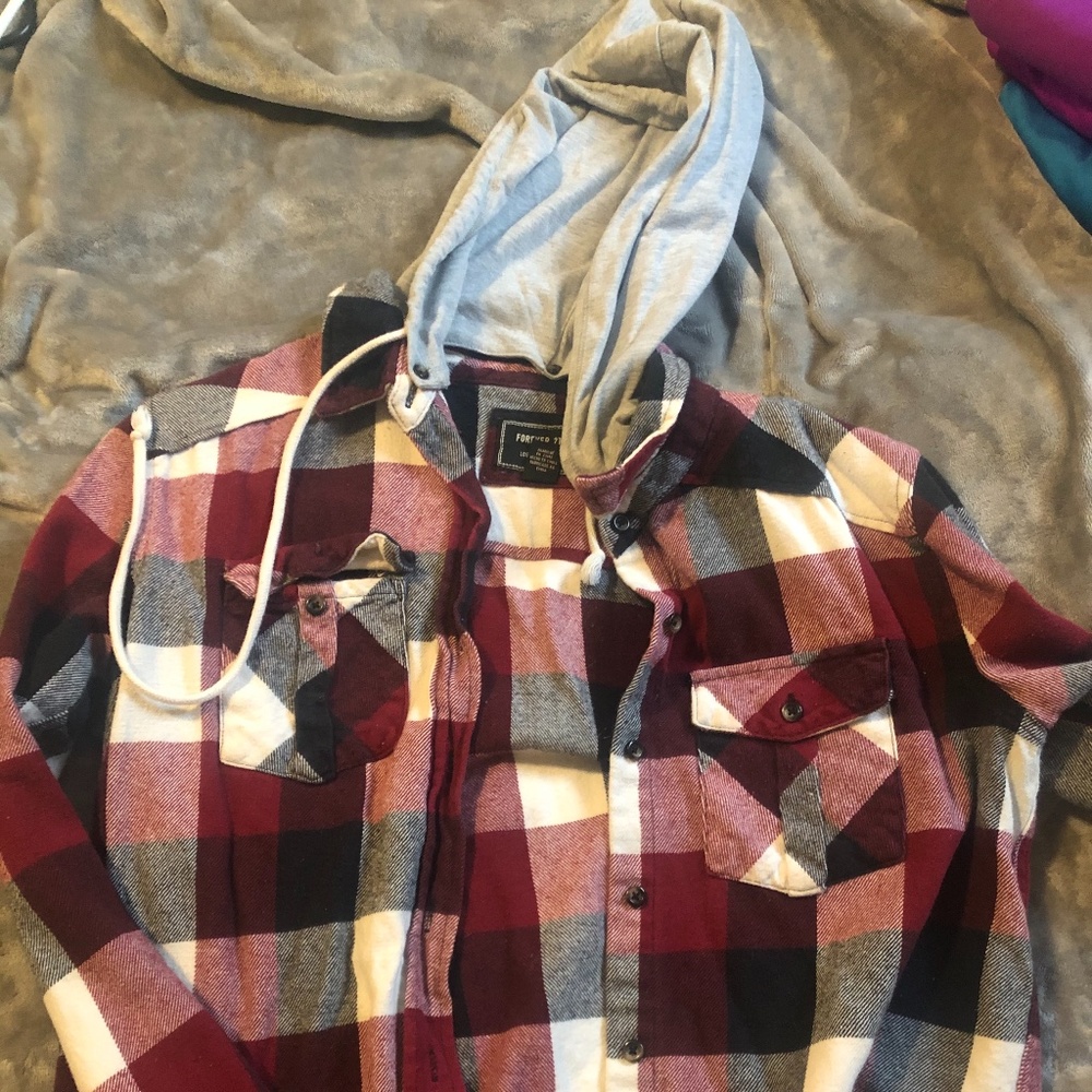 Plaid button up jacket with removable hood